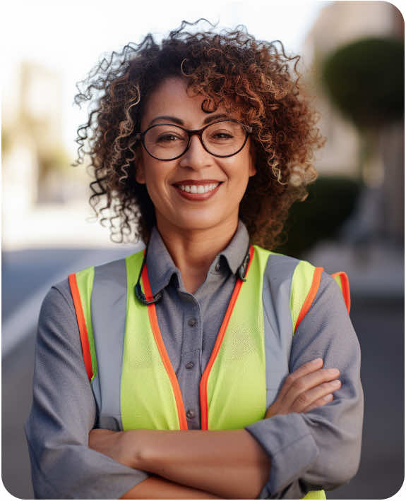 smiling woman in construction vest